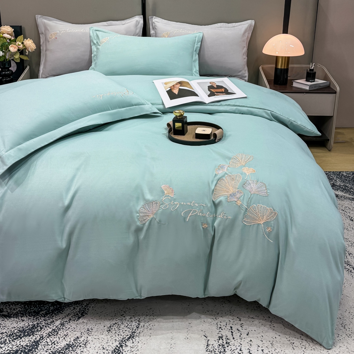 91家纺网 家纺一手货源 找家纺 悦织湾家纺 90克磨毛刺绣纯色四件套2025新款轻奢韩版公主风精致床上用品绣花亲肤水洗棉4件套 新银杏-湖蓝