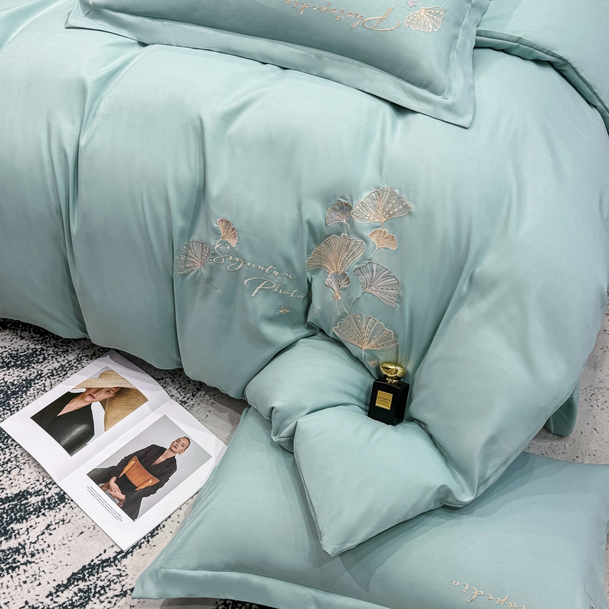 91家纺网 家纺一手货源 找家纺 悦织湾家纺 90克磨毛刺绣纯色四件套2025新款轻奢韩版公主风精致床上用品绣花亲肤水洗棉4件套 新银杏-湖蓝