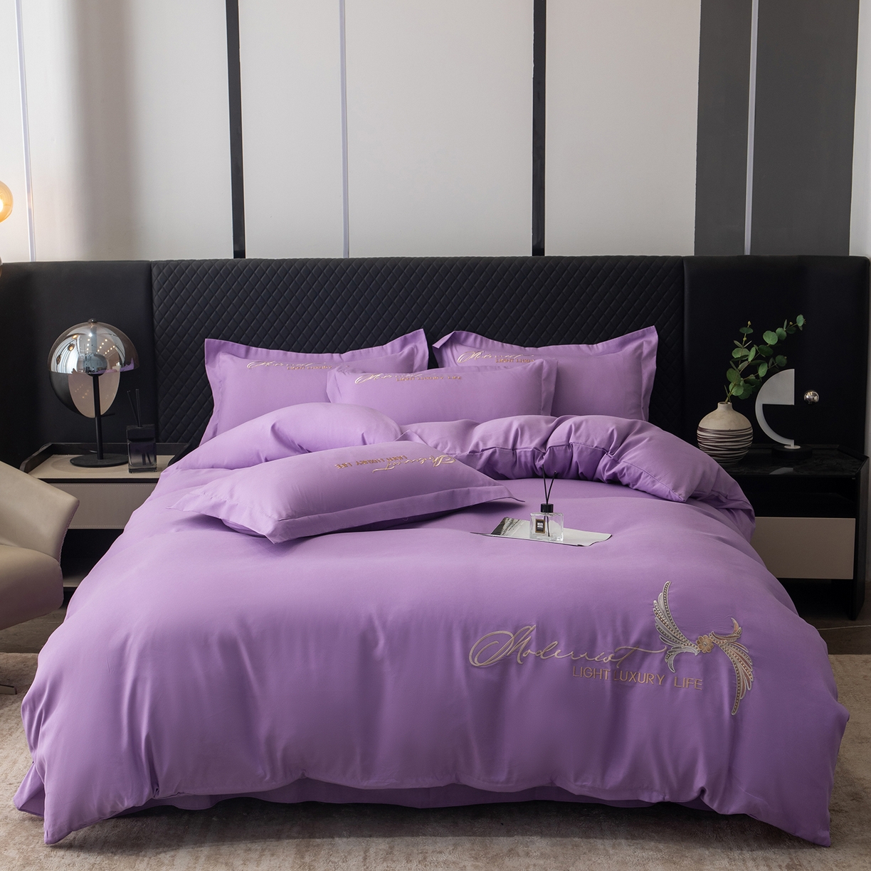 91家纺网 家纺一手货源 找家纺 （总）悦织湾家纺 90克磨毛刺绣纯色四件套2025新款轻奢韩版公主风精致床上用品绣花亲肤水洗棉4件套