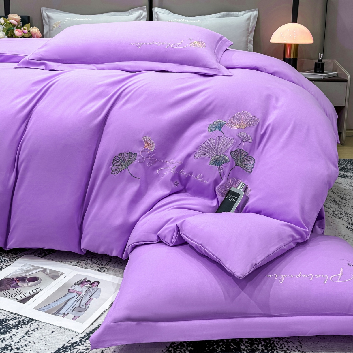 91家纺网 家纺一手货源 找家纺 悦织湾家纺 90克磨毛刺绣纯色四件套2025新款轻奢韩版公主风精致床上用品绣花亲肤水洗棉4件套 新银杏-紫色