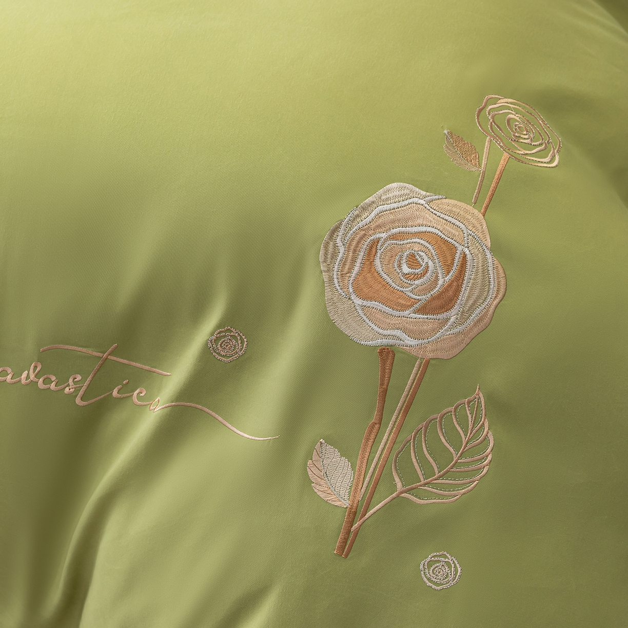 91家纺网 家纺一手货源 找家纺 悦织湾家纺 90克磨毛刺绣纯色四件套2025新款轻奢韩版公主风精致床上用品绣花亲肤水洗棉4件套 锐莎-果绿