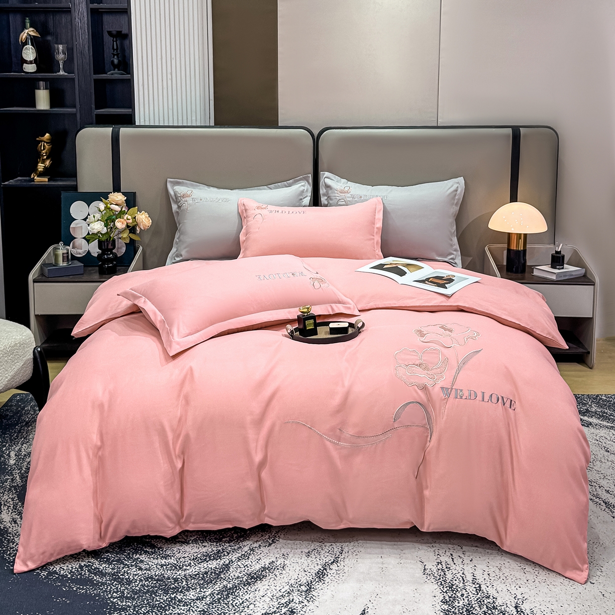 91家纺网 家纺一手货源 找家纺 （总）悦织湾家纺 90克磨毛刺绣纯色四件套2025新款轻奢韩版公主风精致床上用品绣花亲肤水洗棉4件套