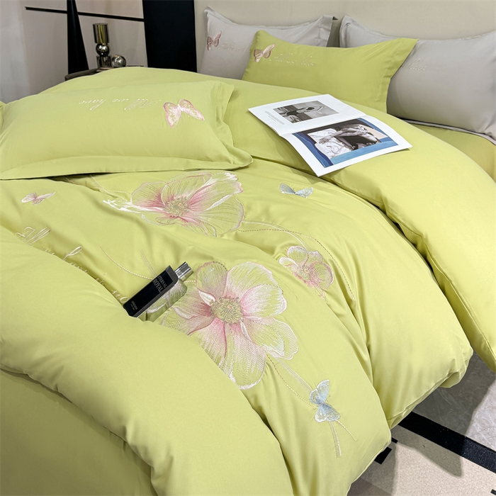 91家纺网 家纺一手货源 找家纺 悦织湾家纺 90克磨毛刺绣纯色四件套2025新款轻奢韩版公主风精致床上用品绣花亲肤水洗棉4件套 琪亚娜-果绿