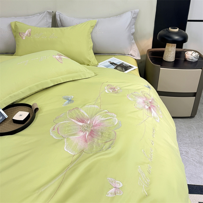 91家纺网 家纺一手货源 找家纺 悦织湾家纺 90克磨毛刺绣纯色四件套2025新款轻奢韩版公主风精致床上用品绣花亲肤水洗棉4件套 琪亚娜-果绿