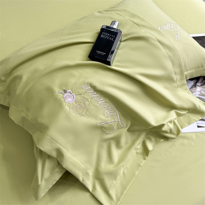 91家纺网 家纺一手货源 找家纺 悦织湾家纺 90克磨毛刺绣纯色四件套2025新款轻奢韩版公主风精致床上用品绣花亲肤水洗棉4件套 遇见-果绿