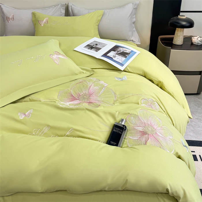 91家纺网 家纺一手货源 找家纺 悦织湾家纺 90克磨毛刺绣纯色四件套2025新款轻奢韩版公主风精致床上用品绣花亲肤水洗棉4件套 琪亚娜-果绿