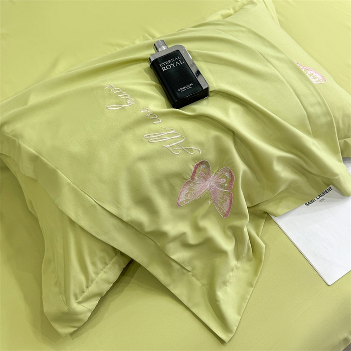 91家纺网 家纺一手货源 找家纺 悦织湾家纺 90克磨毛刺绣纯色四件套2025新款轻奢韩版公主风精致床上用品绣花亲肤水洗棉4件套 琪亚娜-果绿