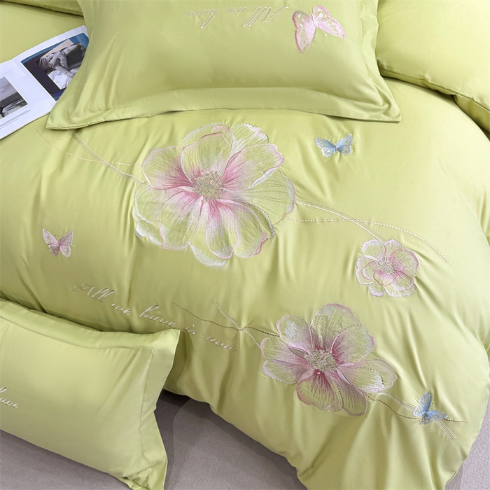 91家纺网 家纺一手货源 找家纺 悦织湾家纺 90克磨毛刺绣纯色四件套2025新款轻奢韩版公主风精致床上用品绣花亲肤水洗棉4件套 琪亚娜-果绿