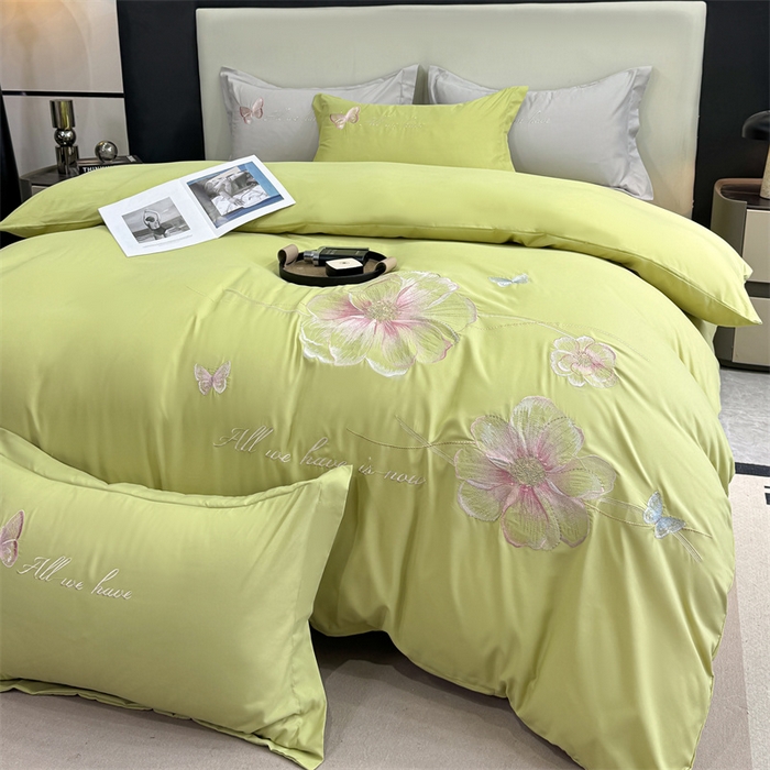 91家纺网 家纺一手货源 找家纺 悦织湾家纺 90克磨毛刺绣纯色四件套2025新款轻奢韩版公主风精致床上用品绣花亲肤水洗棉4件套 琪亚娜-果绿