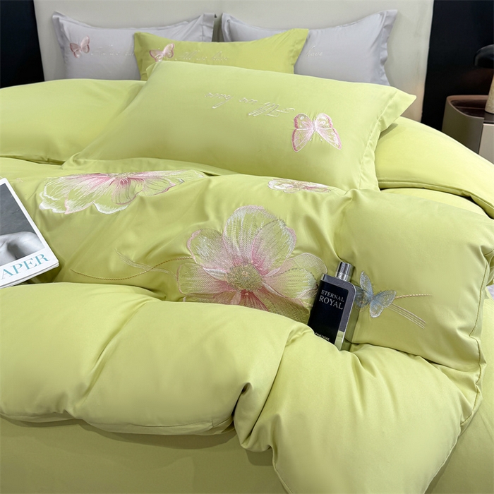 91家纺网 家纺一手货源 找家纺 悦织湾家纺 90克磨毛刺绣纯色四件套2025新款轻奢韩版公主风精致床上用品绣花亲肤水洗棉4件套 琪亚娜-果绿