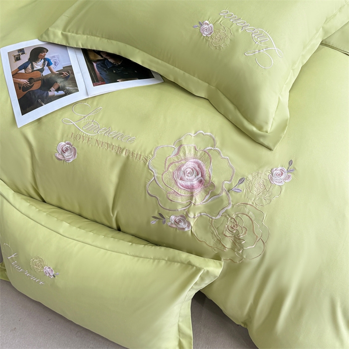 91家纺网 家纺一手货源 找家纺 悦织湾家纺 90克磨毛刺绣纯色四件套2025新款轻奢韩版公主风精致床上用品绣花亲肤水洗棉4件套 遇见-果绿