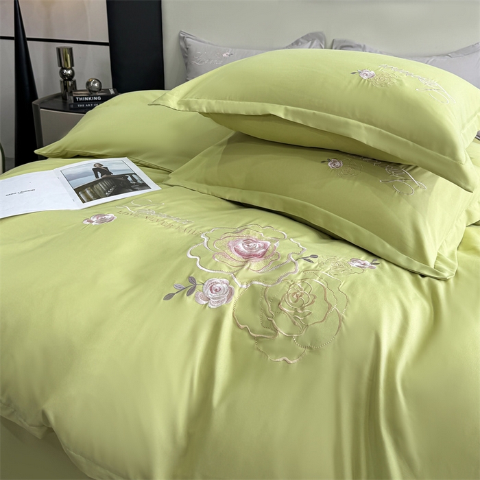 91家纺网 家纺一手货源 找家纺 悦织湾家纺 90克磨毛刺绣纯色四件套2025新款轻奢韩版公主风精致床上用品绣花亲肤水洗棉4件套 遇见-果绿