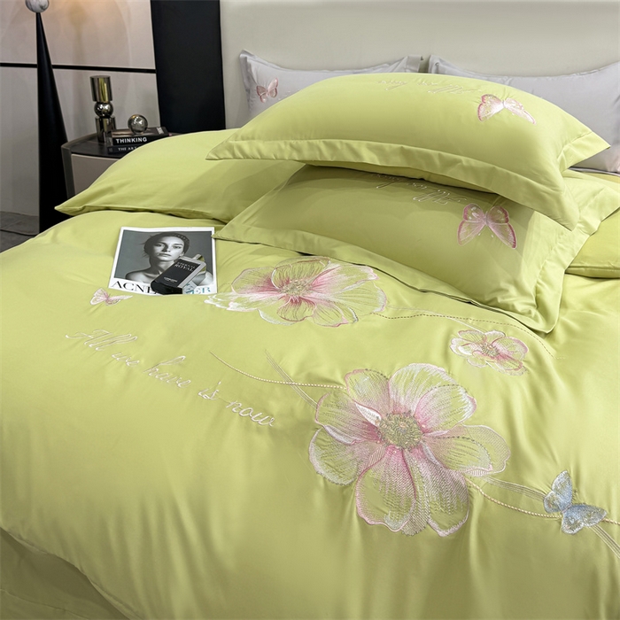 91家纺网 家纺一手货源 找家纺 悦织湾家纺 90克磨毛刺绣纯色四件套2025新款轻奢韩版公主风精致床上用品绣花亲肤水洗棉4件套 琪亚娜-果绿