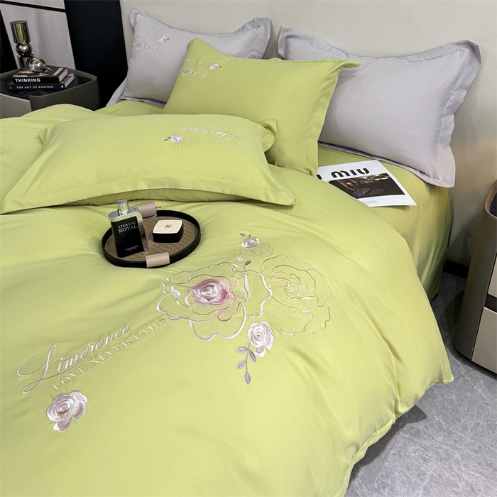 91家纺网 家纺一手货源 找家纺 悦织湾家纺 90克磨毛刺绣纯色四件套2025新款轻奢韩版公主风精致床上用品绣花亲肤水洗棉4件套 遇见-果绿