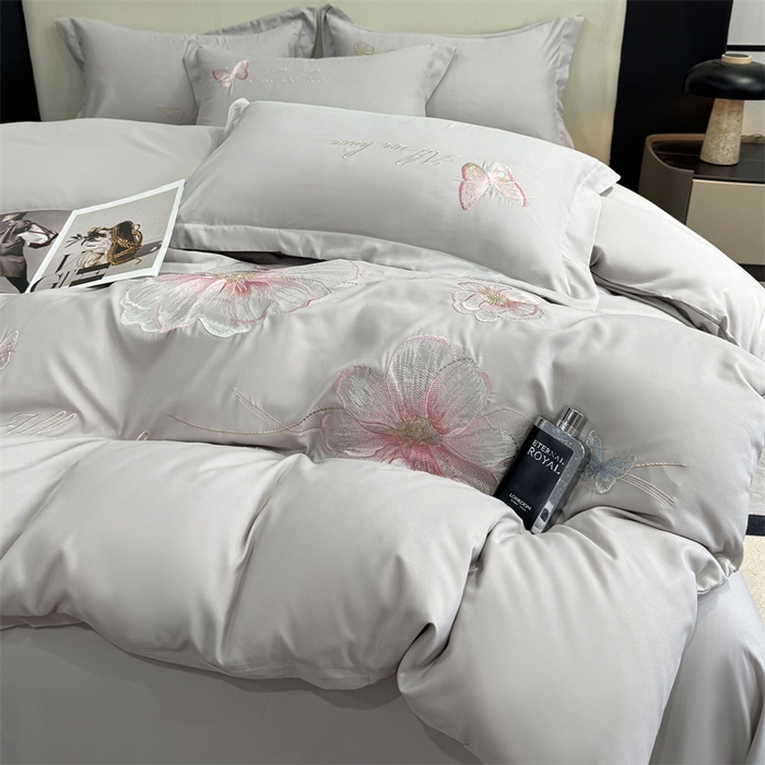 91家纺网 家纺一手货源 找家纺 悦织湾家纺 90克磨毛刺绣纯色四件套2025新款轻奢韩版公主风精致床上用品绣花亲肤水洗棉4件套 琪亚娜-灰色