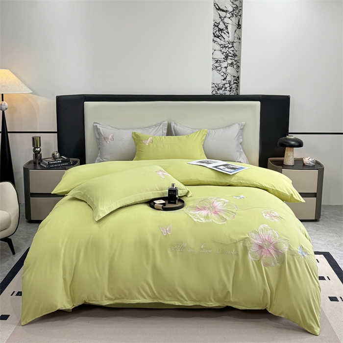 91家纺网 家纺一手货源 找家纺 悦织湾家纺 90克磨毛刺绣纯色四件套2025新款轻奢韩版公主风精致床上用品绣花亲肤水洗棉4件套 琪亚娜-果绿