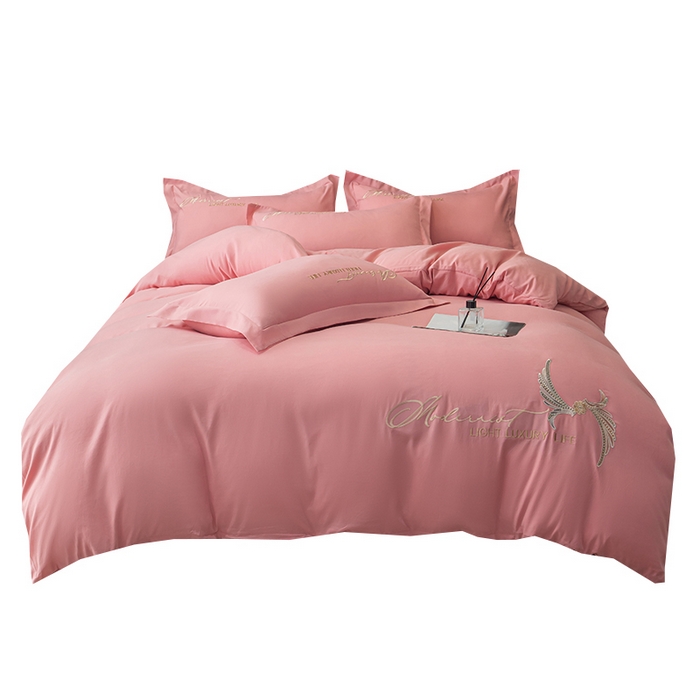 91家纺网 家纺一手货源 找家纺 悦织湾家纺 90克磨毛刺绣纯色四件套2025新款轻奢韩版公主风精致床上用品绣花亲肤水洗棉4件套 宽境-玉色