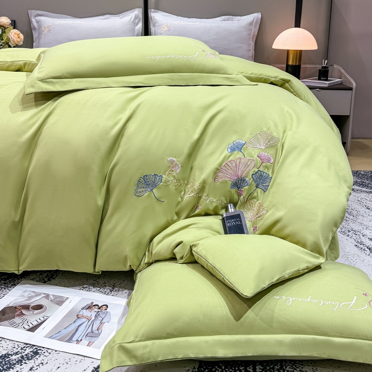 91家纺网 家纺一手货源 找家纺 悦织湾家纺 90克磨毛刺绣纯色四件套2025新款轻奢韩版公主风精致床上用品绣花亲肤水洗棉4件套 新银杏-果绿