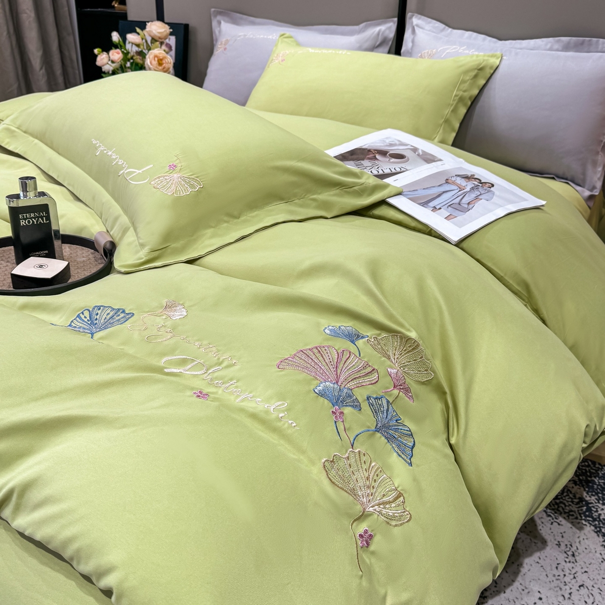 91家纺网 家纺一手货源 找家纺 悦织湾家纺 90克磨毛刺绣纯色四件套2025新款轻奢韩版公主风精致床上用品绣花亲肤水洗棉4件套 新银杏-果绿