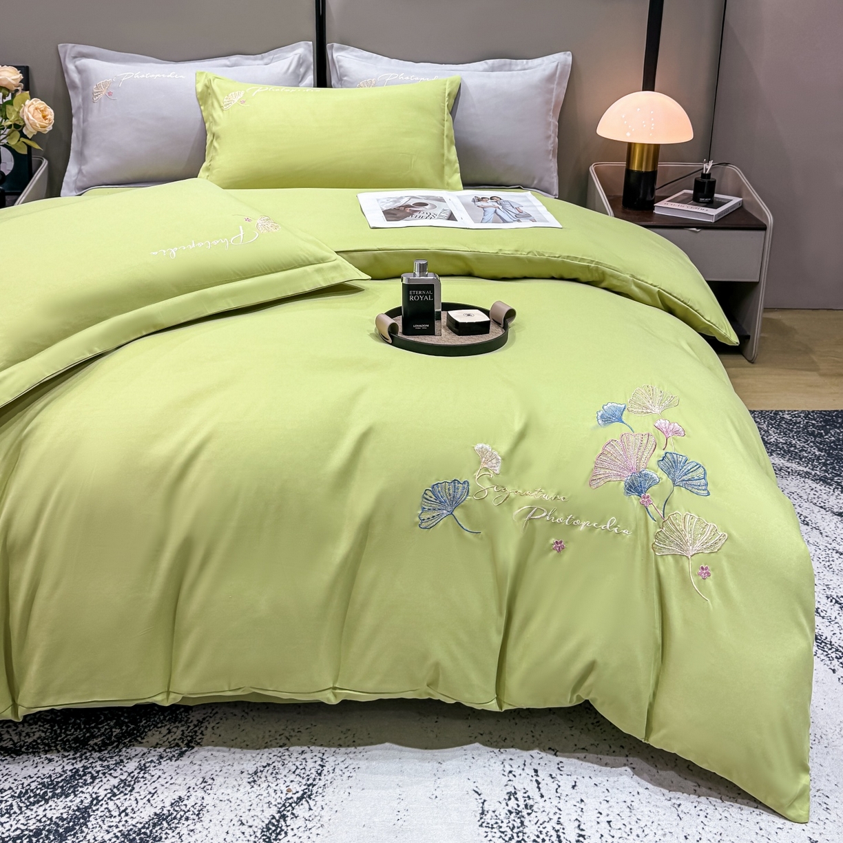 91家纺网 家纺一手货源 找家纺 悦织湾家纺 90克磨毛刺绣纯色四件套2025新款轻奢韩版公主风精致床上用品绣花亲肤水洗棉4件套 新银杏-果绿