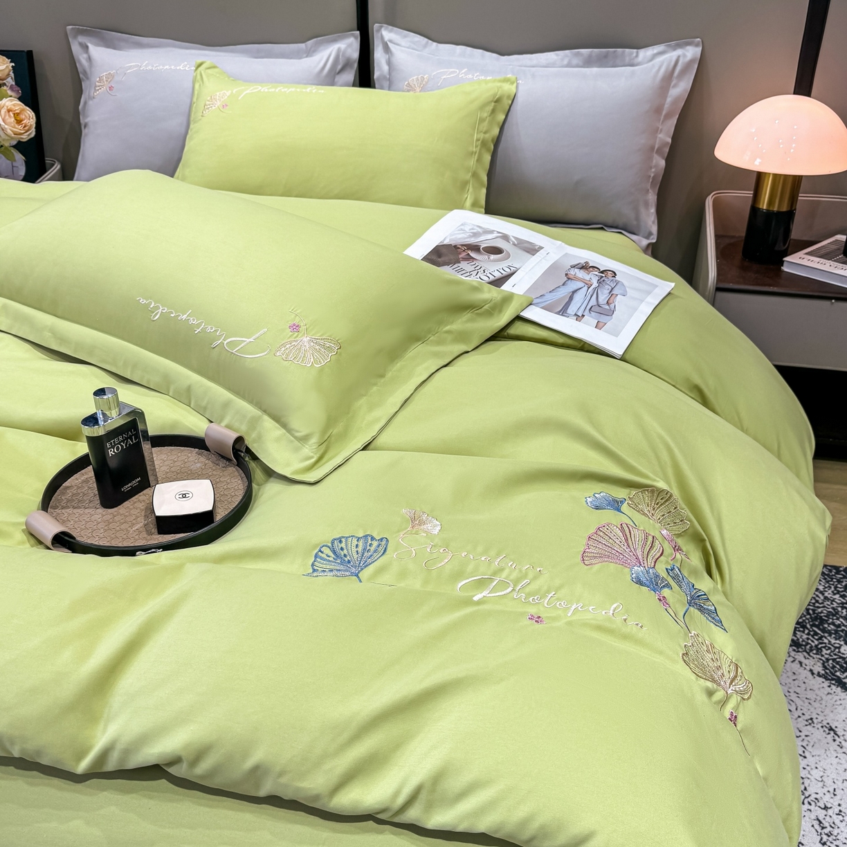 91家纺网 家纺一手货源 找家纺 悦织湾家纺 90克磨毛刺绣纯色四件套2025新款轻奢韩版公主风精致床上用品绣花亲肤水洗棉4件套 新银杏-果绿