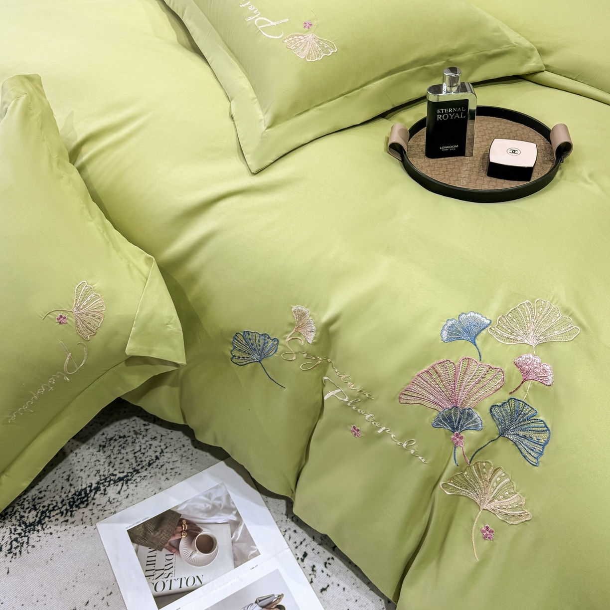 91家纺网 家纺一手货源 找家纺 悦织湾家纺 90克磨毛刺绣纯色四件套2025新款轻奢韩版公主风精致床上用品绣花亲肤水洗棉4件套 新银杏-果绿