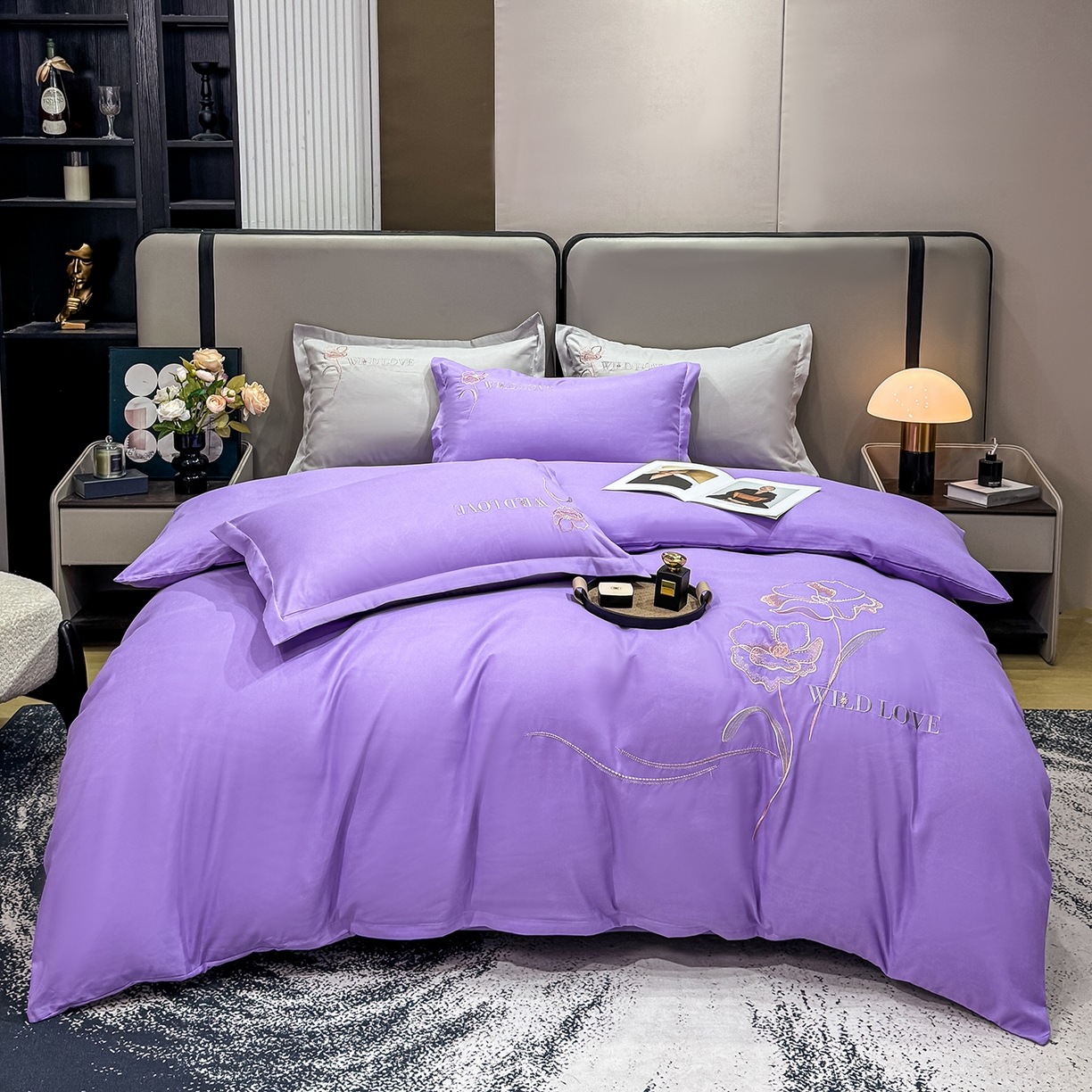 91家纺网 家纺一手货源 找家纺 悦织湾家纺 90克磨毛刺绣纯色四件套2025新款轻奢韩版公主风精致床上用品绣花亲肤水洗棉4件套 诗诺-紫色