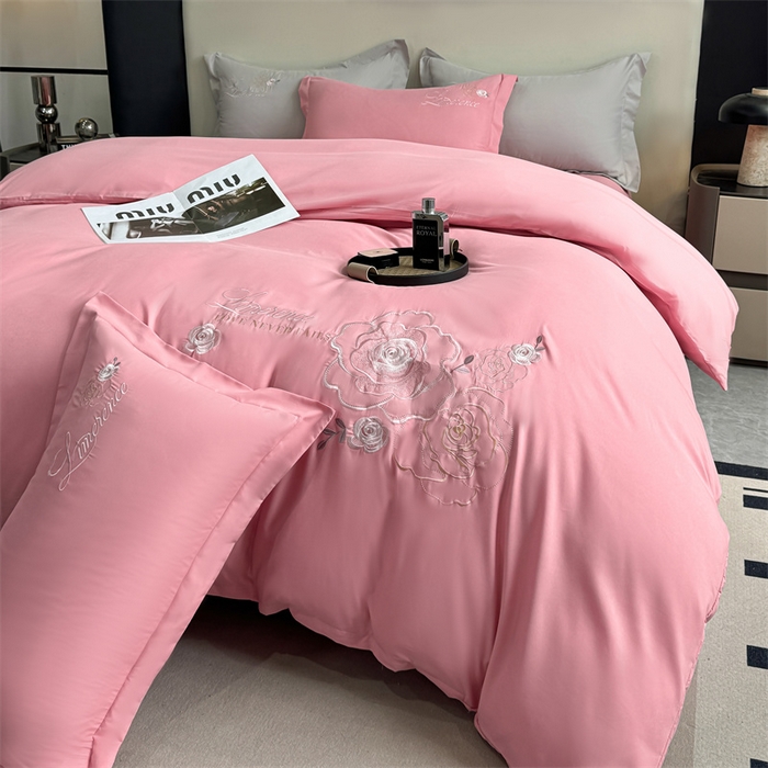 91家纺网 家纺一手货源 找家纺 悦织湾家纺 90克磨毛刺绣纯色四件套2025新款轻奢韩版公主风精致床上用品绣花亲肤水洗棉4件套 遇见-玉色