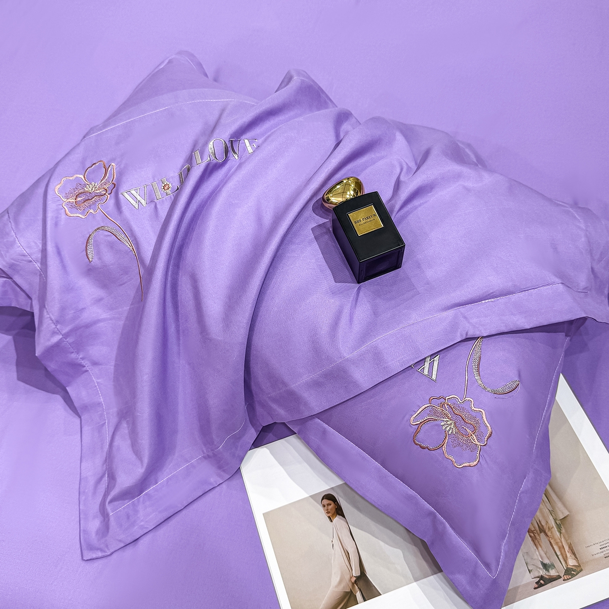 91家纺网 家纺一手货源 找家纺 悦织湾家纺 90克磨毛刺绣纯色四件套2025新款轻奢韩版公主风精致床上用品绣花亲肤水洗棉4件套 诗诺-紫色