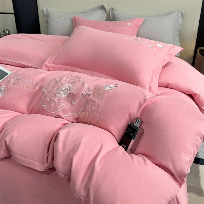 91家纺网 家纺一手货源 找家纺 悦织湾家纺 90克磨毛刺绣纯色四件套2025新款轻奢韩版公主风精致床上用品绣花亲肤水洗棉4件套 遇见-玉色