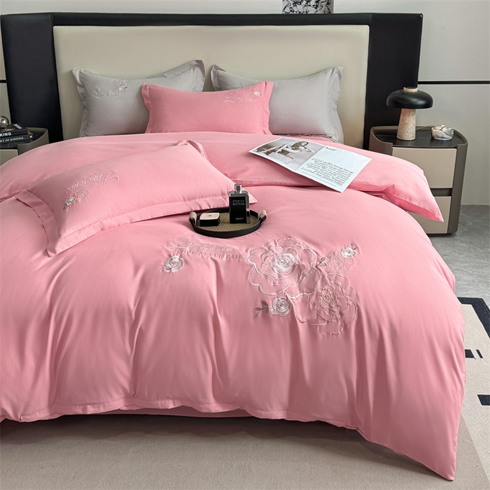 91家纺网 家纺一手货源 找家纺 悦织湾家纺 90克磨毛刺绣纯色四件套2025新款轻奢韩版公主风精致床上用品绣花亲肤水洗棉4件套 遇见-玉色