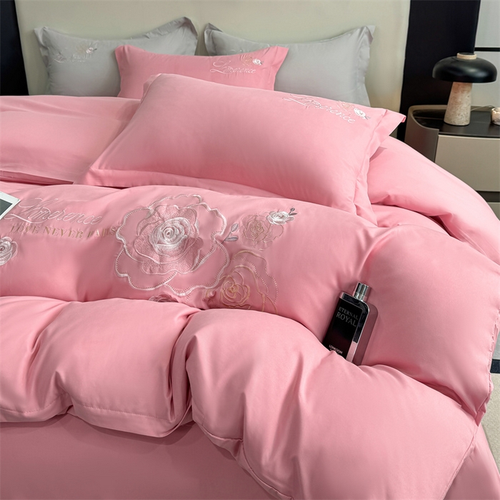 91家纺网 家纺一手货源 找家纺 悦织湾家纺 90克磨毛刺绣纯色四件套2025新款轻奢韩版公主风精致床上用品绣花亲肤水洗棉4件套 遇见-玉色