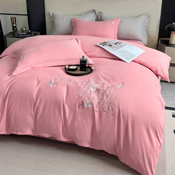 91家纺网 家纺一手货源 找家纺 悦织湾家纺 90克磨毛刺绣纯色四件套2025新款轻奢韩版公主风精致床上用品绣花亲肤水洗棉4件套 遇见-玉色