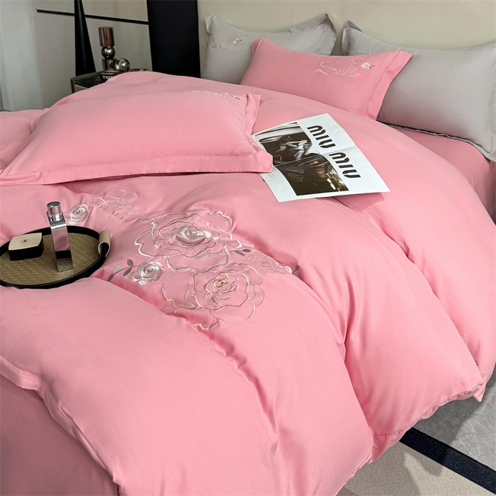 91家纺网 家纺一手货源 找家纺 悦织湾家纺 90克磨毛刺绣纯色四件套2025新款轻奢韩版公主风精致床上用品绣花亲肤水洗棉4件套 遇见-玉色