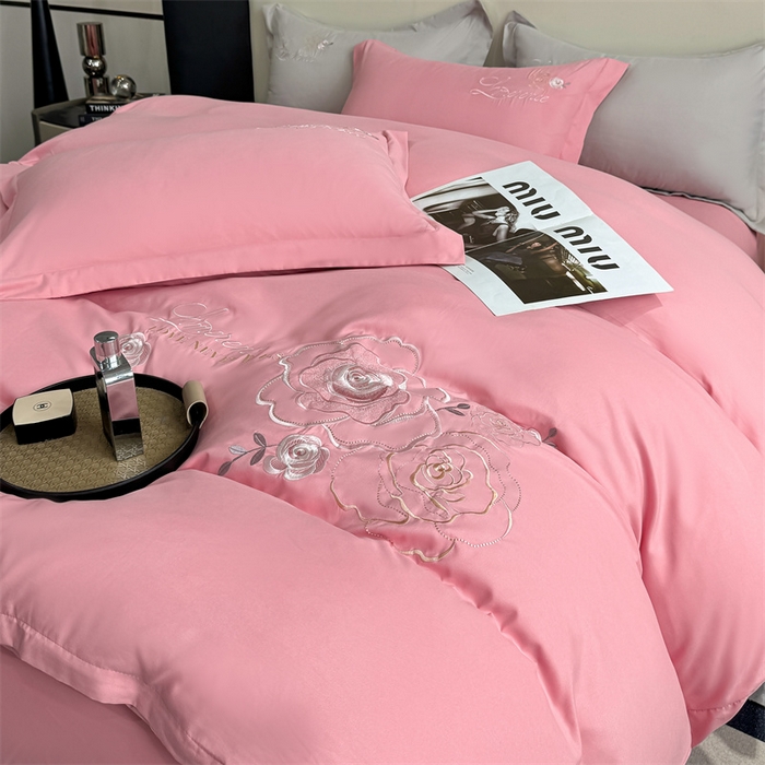 91家纺网 家纺一手货源 找家纺 悦织湾家纺 90克磨毛刺绣纯色四件套2025新款轻奢韩版公主风精致床上用品绣花亲肤水洗棉4件套 遇见-玉色