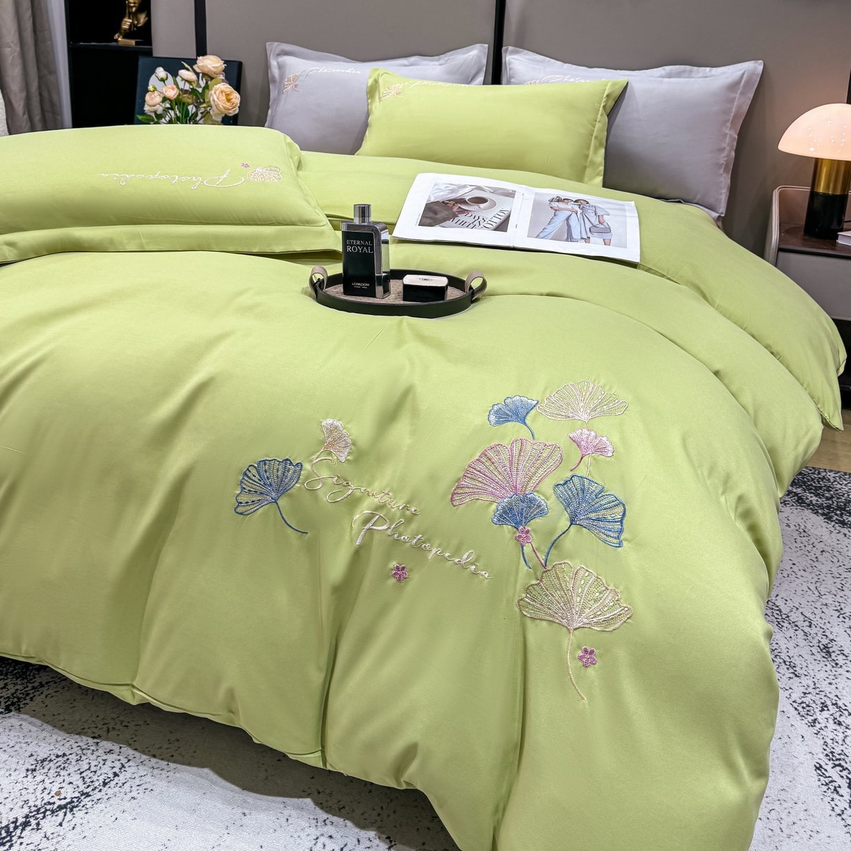 91家纺网 家纺一手货源 找家纺 悦织湾家纺 90克磨毛刺绣纯色四件套2025新款轻奢韩版公主风精致床上用品绣花亲肤水洗棉4件套 新银杏-果绿