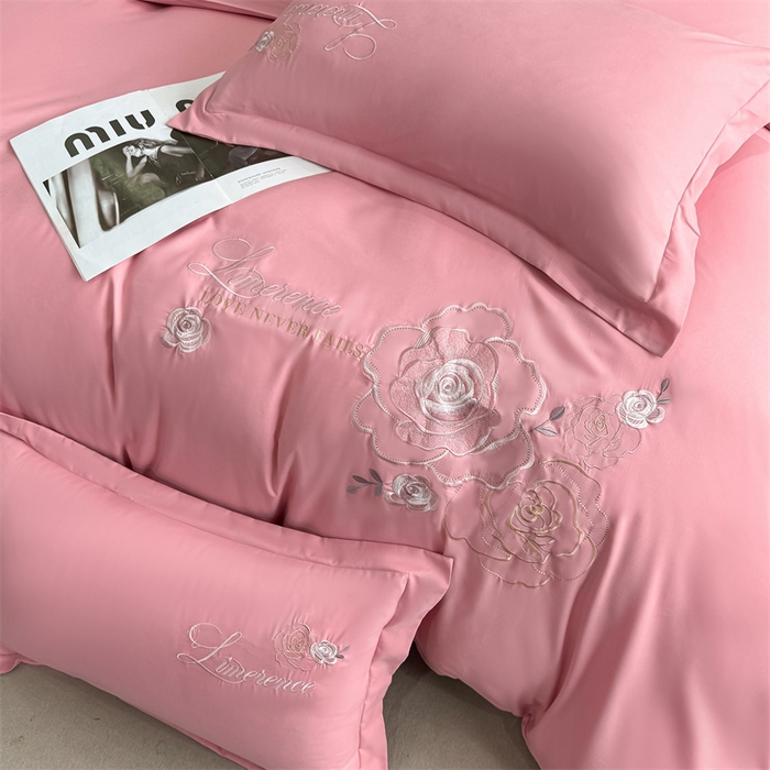 91家纺网 家纺一手货源 找家纺 悦织湾家纺 90克磨毛刺绣纯色四件套2025新款轻奢韩版公主风精致床上用品绣花亲肤水洗棉4件套 遇见-玉色