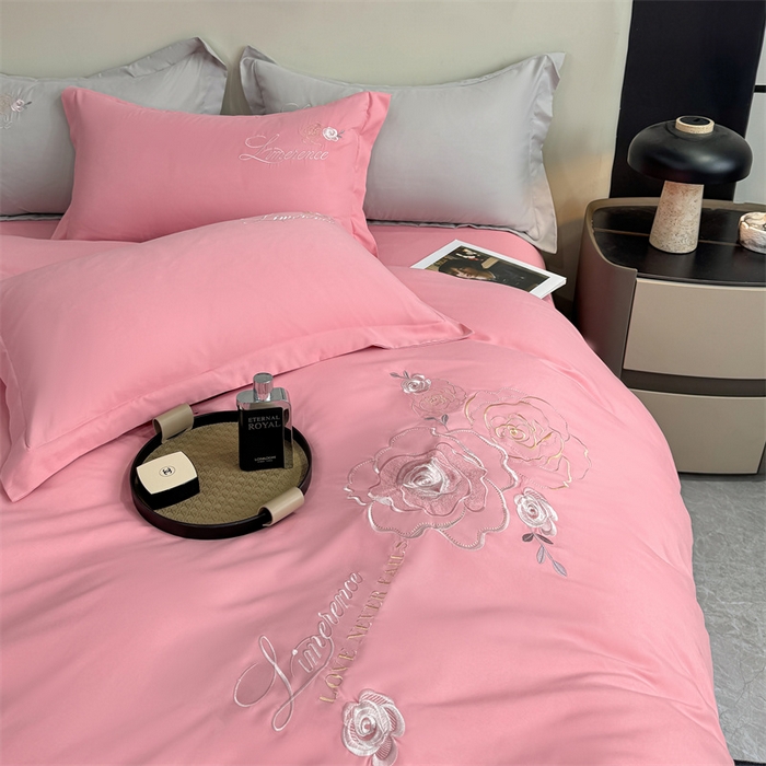 91家纺网 家纺一手货源 找家纺 悦织湾家纺 90克磨毛刺绣纯色四件套2025新款轻奢韩版公主风精致床上用品绣花亲肤水洗棉4件套 遇见-玉色