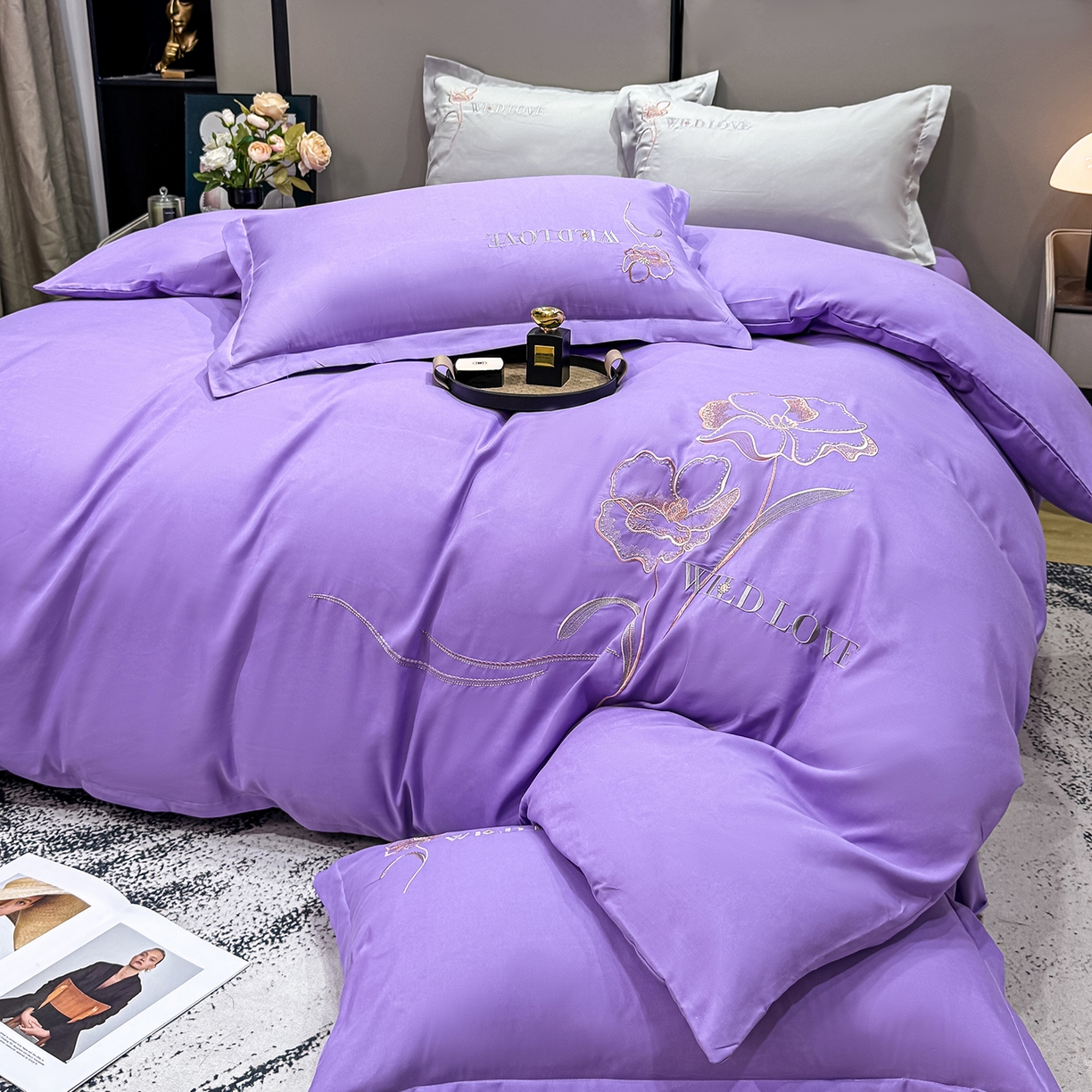 91家纺网 家纺一手货源 找家纺 悦织湾家纺 90克磨毛刺绣纯色四件套2025新款轻奢韩版公主风精致床上用品绣花亲肤水洗棉4件套 诗诺-紫色