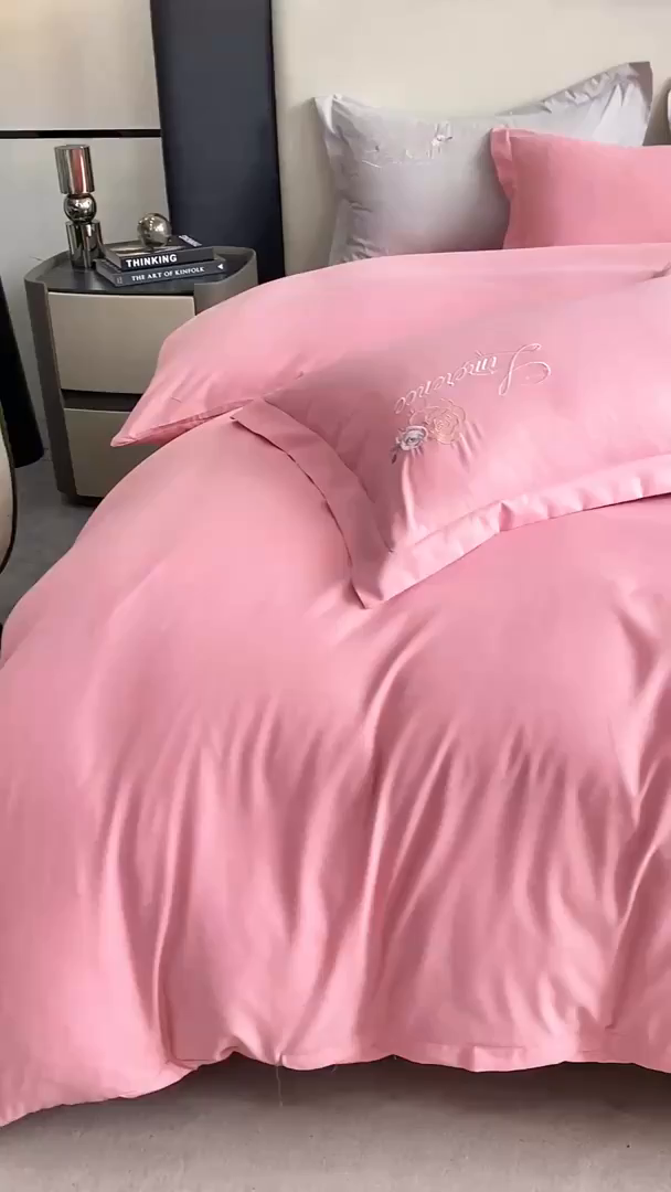 91家纺网 家纺一手货源 找家纺 悦织湾家纺 90克磨毛刺绣纯色四件套2025新款轻奢韩版公主风精致床上用品绣花亲肤水洗棉4件套 遇见-玉色