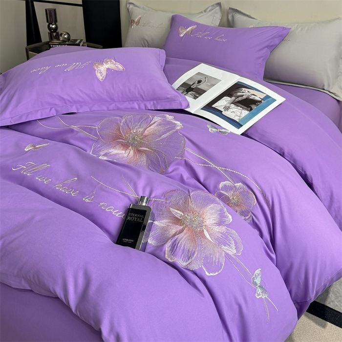 91家纺网 家纺一手货源 找家纺 悦织湾家纺 90克磨毛刺绣纯色四件套2025新款轻奢韩版公主风精致床上用品绣花亲肤水洗棉4件套 琪亚娜-紫色