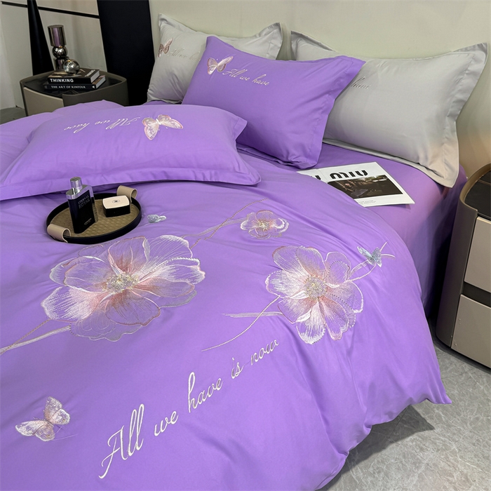 91家纺网 家纺一手货源 找家纺 悦织湾家纺 90克磨毛刺绣纯色四件套2025新款轻奢韩版公主风精致床上用品绣花亲肤水洗棉4件套 琪亚娜-紫色