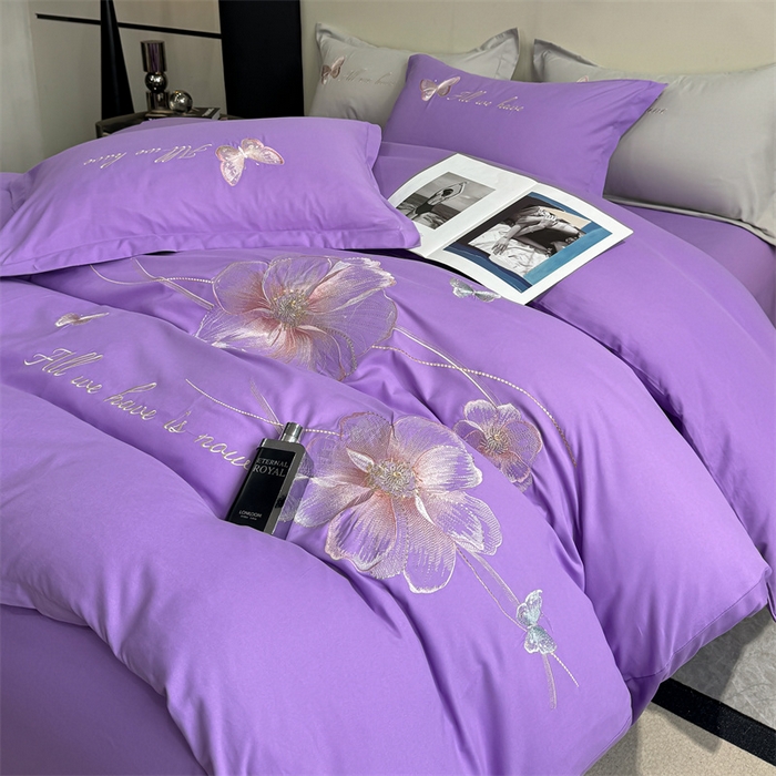 91家纺网 家纺一手货源 找家纺 悦织湾家纺 90克磨毛刺绣纯色四件套2025新款轻奢韩版公主风精致床上用品绣花亲肤水洗棉4件套 琪亚娜-紫色