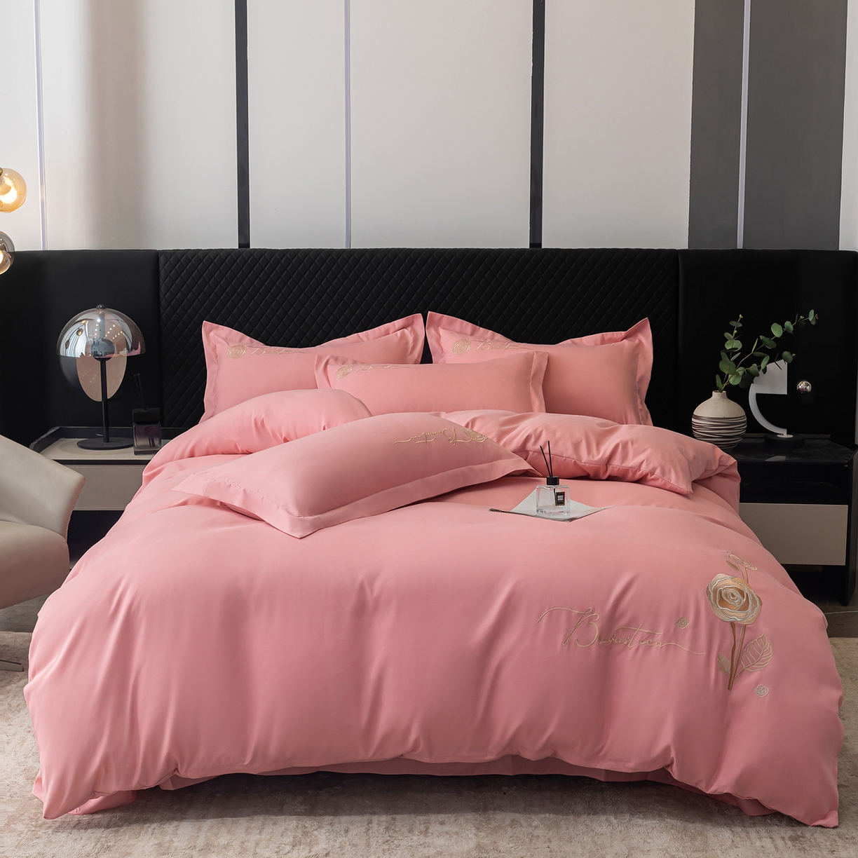 悦织湾家纺 90克磨毛刺绣纯色四件套2025新款轻奢韩版公主风精致床上用品绣花亲肤水洗棉4件套 锐莎-玉色