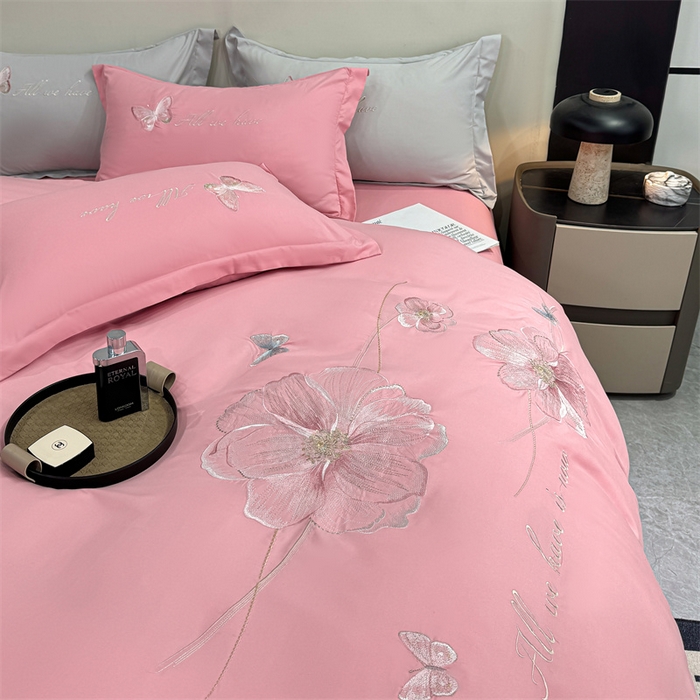 91家纺网 家纺一手货源 找家纺 悦织湾家纺 90克磨毛刺绣纯色四件套2025新款轻奢韩版公主风精致床上用品绣花亲肤水洗棉4件套 琪亚娜-玉色