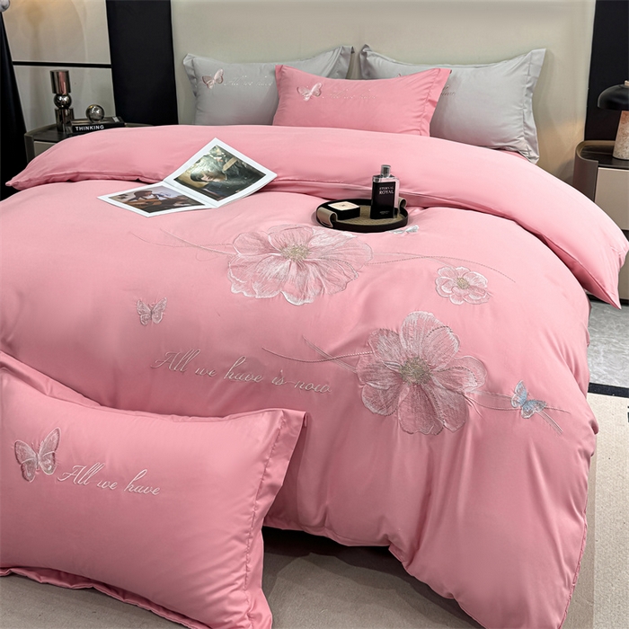 91家纺网 家纺一手货源 找家纺 悦织湾家纺 90克磨毛刺绣纯色四件套2025新款轻奢韩版公主风精致床上用品绣花亲肤水洗棉4件套 琪亚娜-玉色