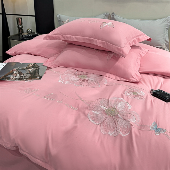 91家纺网 家纺一手货源 找家纺 悦织湾家纺 90克磨毛刺绣纯色四件套2025新款轻奢韩版公主风精致床上用品绣花亲肤水洗棉4件套 琪亚娜-玉色