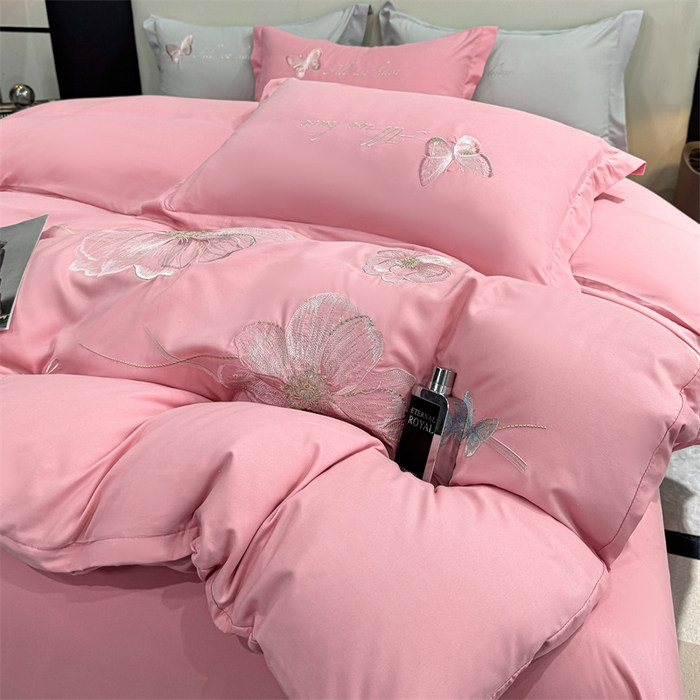 91家纺网 家纺一手货源 找家纺 悦织湾家纺 90克磨毛刺绣纯色四件套2025新款轻奢韩版公主风精致床上用品绣花亲肤水洗棉4件套 琪亚娜-玉色