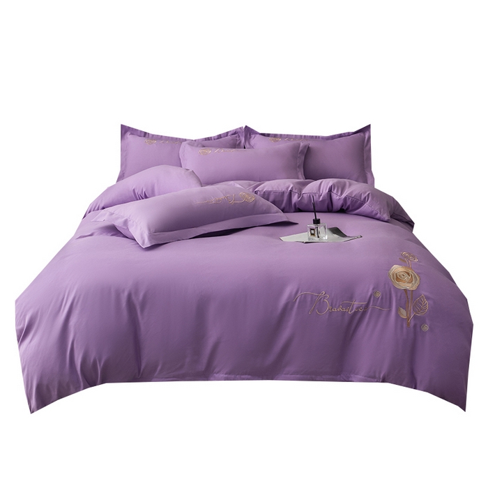 91家纺网 家纺一手货源 找家纺 悦织湾家纺 90克磨毛刺绣纯色四件套2025新款轻奢韩版公主风精致床上用品绣花亲肤水洗棉4件套 锐莎-紫色