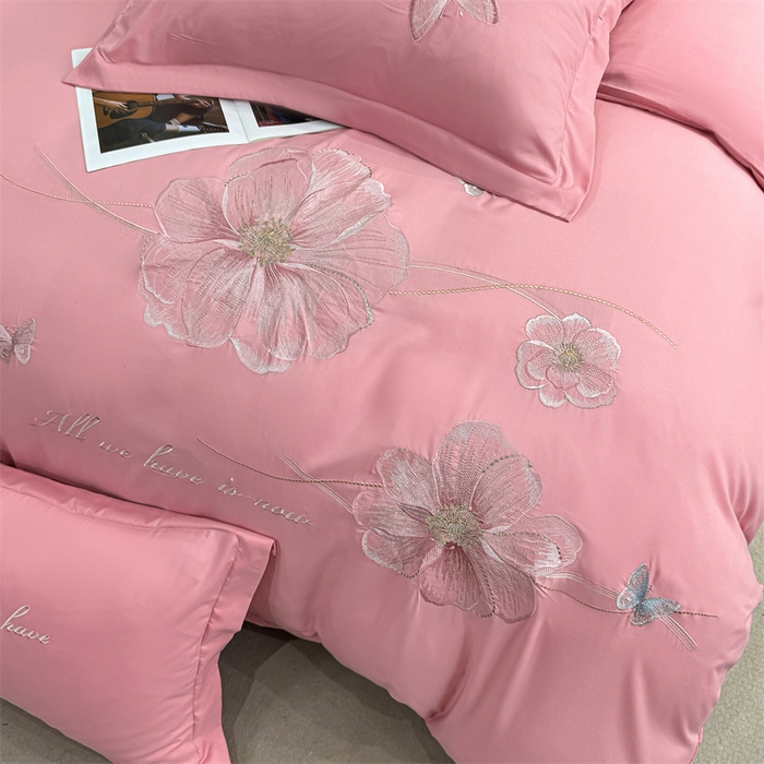 91家纺网 家纺一手货源 找家纺 悦织湾家纺 90克磨毛刺绣纯色四件套2025新款轻奢韩版公主风精致床上用品绣花亲肤水洗棉4件套 琪亚娜-玉色